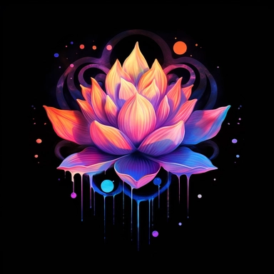 Tattoo design of lotus flower color art watercolor drip in transparent overlay, in the style of vibrant spectrum colors, solid background, color gradients, chalk art, whimsical yet eerie aura color symbolism, vibrant murals, hand - coloring watercolor clipart, black background , aura/flower colors are fluorescent bright indigo, and fluorescent burnt orange