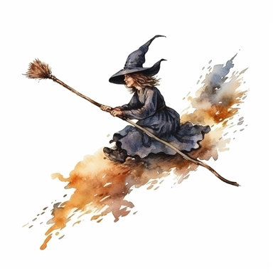 watercolor style, Witch on the broomstick: A long, slender broomstick associated with witches and their transportation. clipart, isolated on white background, 4K