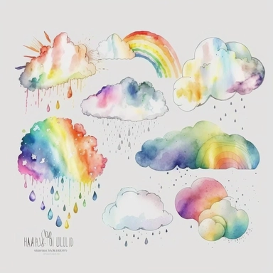 clouds, rainbow, watercolor,all white background, clipart