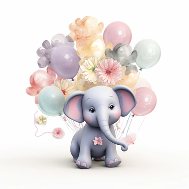 a detailed very colorful vector Clipart image sticker of a beautiful majestic magical floral smilling baby elephant and pastel pink balloons colors holding balloons with a white background, pastel light colors, fall colours, gold ropes, photorealistic, cinematic, Cinematic, Color Grading, Editorial Photography, Photography, Photoshoot, Shot on 70mm, Ultra-Wide Angle, Depth of Field, DOF, Tilt Blur, Shutter Speed 1/1000, F/22, Gamma, White Balance, Neon, Light, Dark, Light Mode, Dark Mode, High C