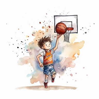 cute Watercolor cartoon basketball player shooting hoops, clipart, white background