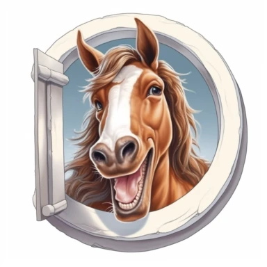 Cute Beautiful Happy Face Funny Horse Outside The Window Sublimation Clipart, Cartoon, hyper realistic, intricate detail, illustration style, high solution, on the white background