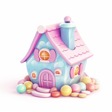 a little house made of delicious candy, bright pastel colours, baby pinks, light blues, light purples, clipart, white background