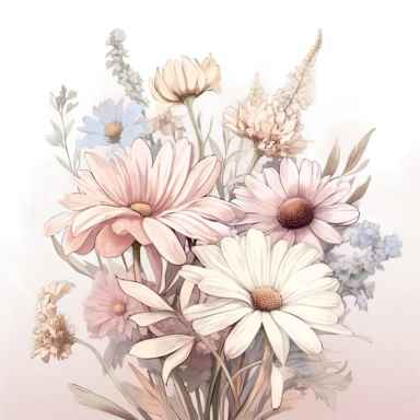 A digital illustration of a wild flower pastel clipart, featuring a soft and delicate depiction of various wildflowers in a pastel color palette. The clipart showcases an assortment of charming wildflowers, such as daisies, lavender, and tulips, rendered with gentle brushstrokes and muted tones. The pastel colors evoke a sense of serenity and tranquility, creating a dreamy and ethereal atmosphere. Against a clean white background, the wild flower pastel clipart stands out with its soft and roman