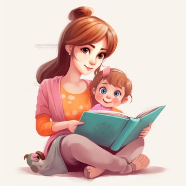 mom reading book , stylized , clipart , cute , child sat beside , happy mom , cute girl , reading book , , white background, bright engaging children's illustration, digital painting, big eyes, beautiful shading, beautiful colors, amazon kdp, happy, interesting, white background , clipart