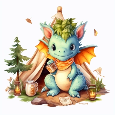Super Cute fantasy baby Camping dragon clipart, white background