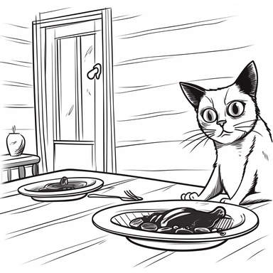 Draw a clipart image of a cat stealing a fish from a plate. The background should be a simple kitchen table with a plate and a fork. Simple outlines, bold lines, black ink on white background, toon, cartoon. Make sure to leave some space for children to color. Black and white.