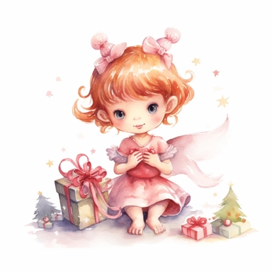 Cute little baby fairy girl with Christmas tree opening gifts pink Christmas watercolor Clipart