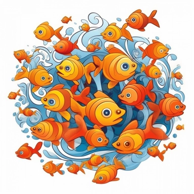 sticker clipart of many happy fishes smiling while swimming, white background