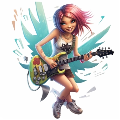 a cartoon girl fairy in a punk rock band, big wings, playing electric guitar, tattoes, smiling, colors, full body image, pixar style, clipart