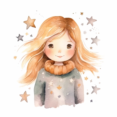 cute Scandinavian whimsical girl with stars, pencil and watercolor clipart style, super high quality, high resolution, pastel colors, isolated white background, 8k