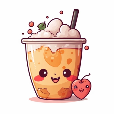 Clipart, white background: Create a delightful boba tea character with a happy face, holding a boba-filled heart-shaped balloon.