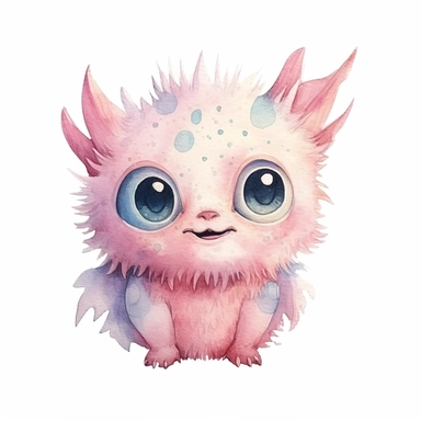watercolour illustration, cute baby monster, big eyes, smiling, pastel, pale pink, aquarrellist, clipart, isolated, white background,
