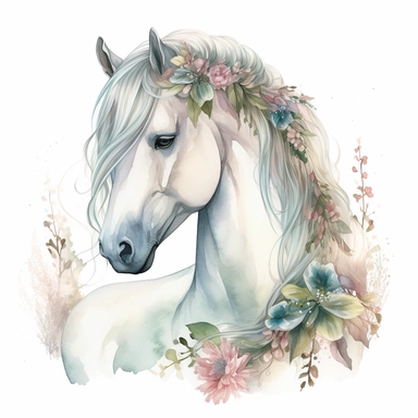 hand drawn white horse, with flowing mane and braids, full body, whimsical, fantasy, in pale shades of blue sage green soft pink and pale yellow, flowers, glamorous, realistic, watercolor, clipart style, white background with margins