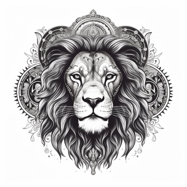 Design a majestic, black and white graphic tattoo that takes inspiration from the Persian 'shir-o-khorsheed' emblem. Feature a lion, standing fearless and calm, bathed in the glow of a radiant sun. The lion's features should be intricately detailed, a symbol of strength and authority. Ensure the sun's rays are bursting forth, giving the impression of a bright future and unfaltering optimism. Intertwine a Shamshir sword into the design, an emblem of courage and valor, perhaps held proudly by the 