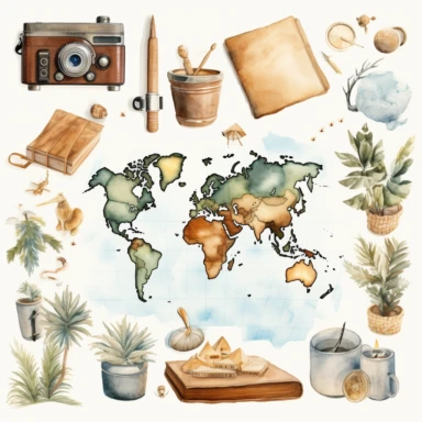 watercolour, travel theme, map, journal, soft and muted nuances, high quality detail, clipart, 8k, f1
