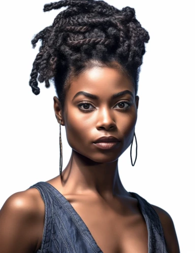 hasselblad 24 mm three quarters shot of a gorgeous african american woman with blue eyes, clipart, Composition: Relaxed position with intricate high hairstyle, smiling, detailed natural skin, Style: Nu-Goth, white background, hyperrealism, 32k
