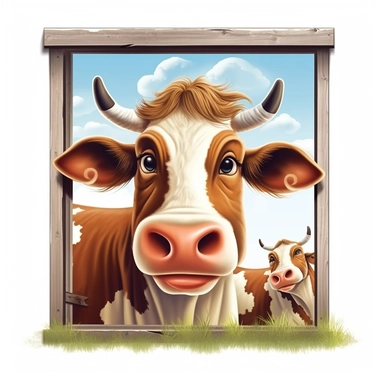 Cute Beautiful Happy Face Cow Outside The Window Sublimation Clipart ,Cartoon,hyper realistic, intricate detail, illustration style,high solution,on the white background