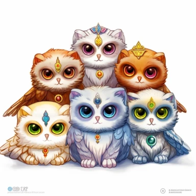 Kawaii owl, wallpaper owl, gods art, aion, jewelry, A team of 6 supportive, curious, nerdy computer cats and robots, clipart by Sarah Anderson, pure white background