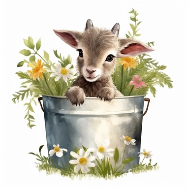 realistic watercolor cute baby goat sitting inside a bucket with 2 feet on the edge peeking out, with flowers and grass around the outside surrounding of the bucket, solid white background, clipart
