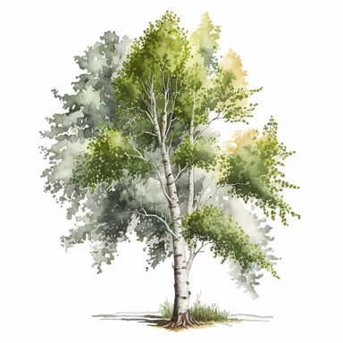 watercolor, realistic detailed birch tree, clipart, white background