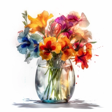 A stunning bouquet of vibrant flowers in a glass vase clipart, set against a clean white background. The artwork showcases the beauty of wet watercolor techniques, with intricate details and sharp brush strokes. Created using ZBrush, the bouquet appears incredibly lifelike and hyperrealistic. The high-definition (HD) quality ensures every petal and leaf is captured with precision. Perfect for various creative projects, this clipart exudes a burst of colors and brings a touch of nature indoors. E