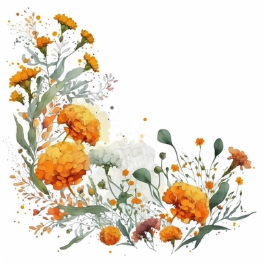 [8987304983] Watercolor clipart. A medley of marigolds fills the frame, their petals seemingly fluttering in the breeze in this enchanting watercolor image.. White background. No text. No caption. No logo