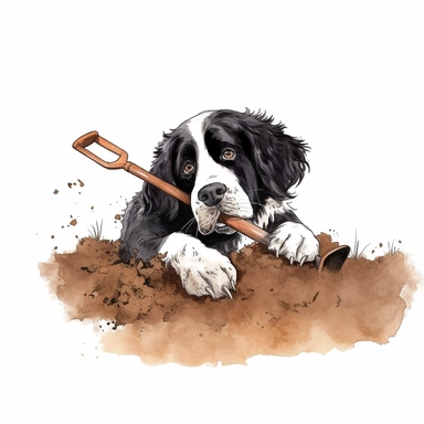 Landseer, digging in the dirt, cartoon, Clipart, white background, no text, no caption