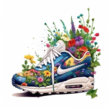 nike air max, with wildflowers growing on and around the shoe, cartoon illustration, airbrush art style, realism, clipart, white background