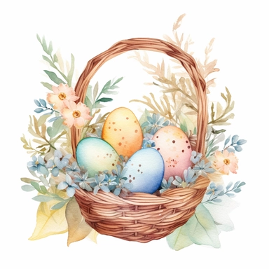 a dreamy watercolour pastel composition of easter eggs resting in a basket, with delicate flowers isolated on a white background for clipart or sticker, enchanting cottagecore style by digitalcurio, warm and cozy feeling, warm glowing lighting –no text fonts letters watermark words typography slogans signature