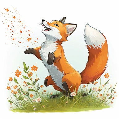 A playful fox frolics in a field, its bushy tail held high in delight clipart