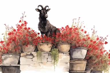 picturesque scene, watercolor and ink style, black goat with clay plant pots filled with red spring flowers, clipart on plain white background, nature vibes, super high detail ultra precision 16k HD, clean crisp brushwork, painted by Beatrix Potter