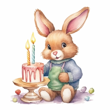 adorable bunny bringing a birthday cake, handpaint watercolor, high resolution, cartoon style, watercolor clipart,