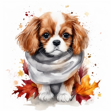 create a beautiful original high quality highly detailed watercolor clipart image of a small happy and adorable king charles cavalier puppy sitting down while looking up at you with loving eyes wearing an adorable autumn scarf, include high detail to the puppys fur and eyes, include detail to the scarf, include fall colors, white background, no text, no font, no words