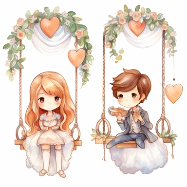 Cute kawaii wedding rings tied with a ribbon, cute set of wedding illustration clipart, illustration for children's book, cartoon elements, different variants, girl with long hair in a bridal veil, wedding, husband and wife sitting on a swing and swinging together, hearts balloons, veil, garland, wooden elements, white transparent background separate elements with a margin Watercolor