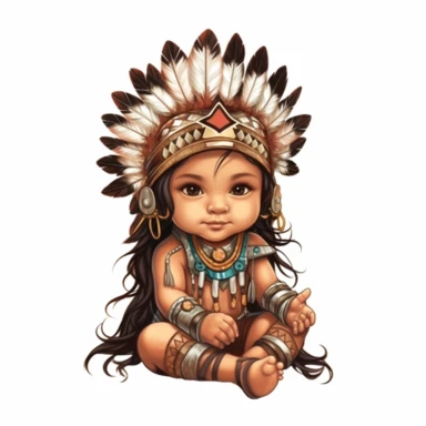 Cute Beautiful Native American Baby Girl Sublimation Clipart, Cartoon, hyper realistic, intricate detail, illustration style, high solution, on the white background