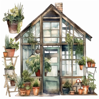 watercolor greenhouse elements clipart, moody colors, sublimation style