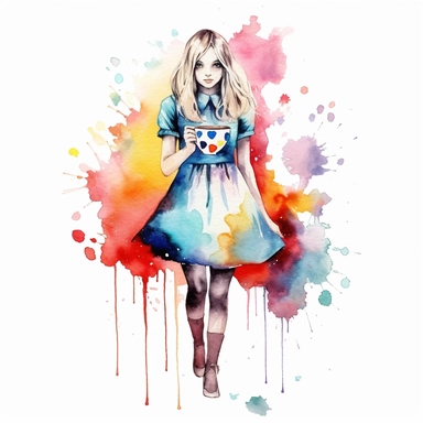 Alice Watercolor Clipart minimalist,bright colors isolated white background,8k