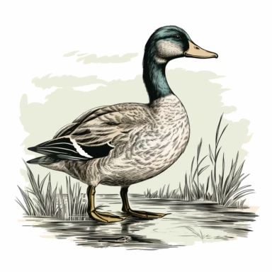 mallard duck, old school vintage illustration style, pen and ink, hand drawn, clipart, isolated on white background
