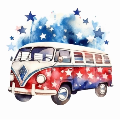 red white and blue american white stars, hippie van watercolor clipart