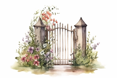 Garden Gate: Design a clipart featuring a watercolor garden gate adorned with climbing flowers, inviting viewers to enter a blooming sanctuary during their midjourney through spring.,style of Anna Süßbauer and Jon Klassen,vector,white background,masterpiece, trending on Artstation and Dribbble.