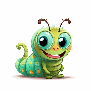 2D Clipart, Cute caterpillar, cute eyes, no shadow, side view, smiling