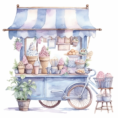 Watercolor wedding icecream blue stand, wedding clipart, simple, soft colors, cartoon elements, watercolor boho style, white transparent