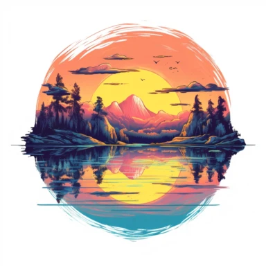 Artwork for t shirt graphic of majestic vibrant color magnificent sunset at the lake in a pencil drawing style, A vibrant featuring a sun setting over a tranquil lake, with a soft pink sky and a hint of orange in the horizon white background, colorful shades, highly detailed clean, vector image, photorealistic masterpiece, professional photography, realistic, flat white background, isometric, vibrant vector, clipart, illustration, realism, 4k, cinematic, front view, white background,