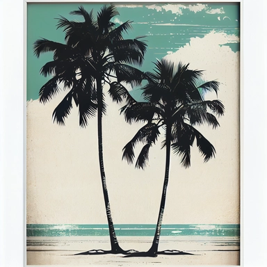 beach palm trees,white border painted clipart poster 50's