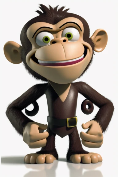 no text, 3d whole body clipart of a smiling, friendly monkey, cartoon network style, friendly face, head unproportionally bigger than body, detailed body shape, front shot, insanely big shiny eyes, caricatured face, insanely glossy, plastic like fur and skin, light background, unrealistic, 8k photography, cinematic, super cute face, Photography, Ultra-Wide Angle, Depth of Field, hyper-detailed, beautifully color-coded, insane details, intricate details, Unreal Engine, Cinematic, Editorial Photog