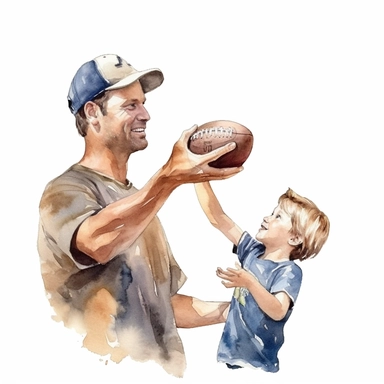 A father and son playing catch with a baseball or football, Watercolor, Clipart, transparent background PNG