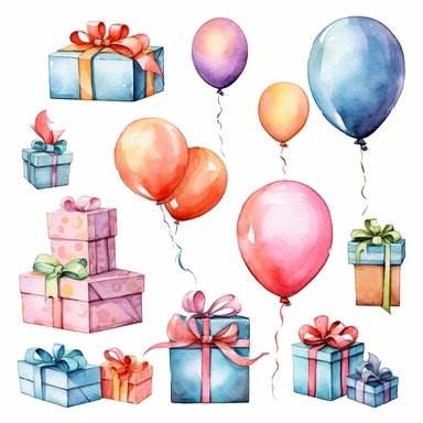 watercolor, Happy birthday elements set. Festive decoration items, gift boxes, balloons, cakes, and candles for holiday celebrations. Presents, garlands, party hats bundle. png Full body realistic cartoon in 32K UHD cute. 15 cm thick outline. Black color. There was no shadow on the ground. 8k with realistic watercolors and detailed illustrations. PNG clipart, transparent white background