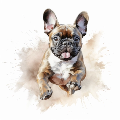 french bulldog puppy running, watercolor illustration, clipart, full body, hyper-realistic animal illustration, childlike, free brushwork, white background