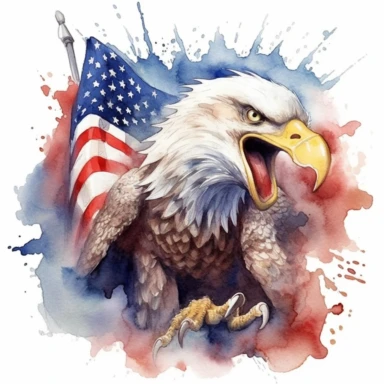 watercolor clipart of Haliaeetus leucocephalus and American flag background kills a dragon